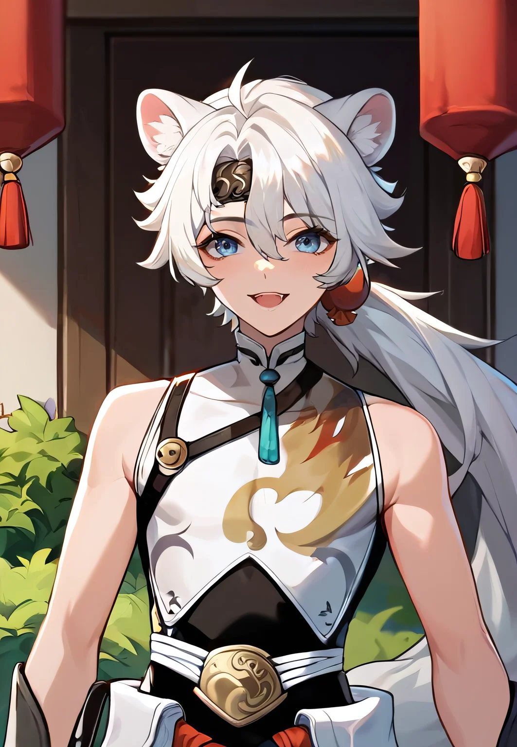 score_9, score_8_up, score_7_up, all in one, masterpiece, best quality, lots of details, (1boy:1.3), male focus, (narrow waist:1.5), <lora:sdxl_lightning_8step_lora:0.75> , closed mouth, shaded, detailed shading, detailed skin, shaded skin, realistic shading, looking at viewer, countershading:1.1, outdoors, <lora:add-detail-xl:0.7>, <lora:Smooth Anime 2 Style SDXL_LoRA_Pony Diffusion V6 XL:0.65>, , , , sloppy open mouth, cute smile, , hair between eyes, <lora:lingyang-08:0.55>, (lingyang:1.3), ponytail, blue eyes, tail, animal ears, (default outfit:1.3), (upper body:1.2),
