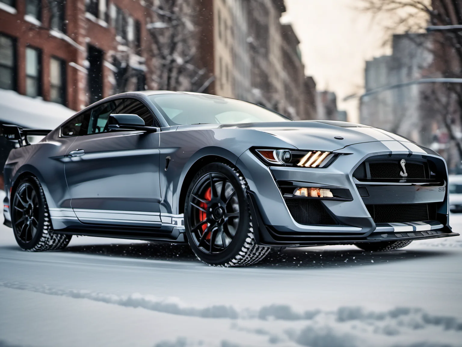 a closeup photo of mstgsgt500 car driving in the snow in the city, hdr, 8k, ultra high-res, movie picture frame<lora:mstgsgt500_car_t02_SDXL-000010:0.7>