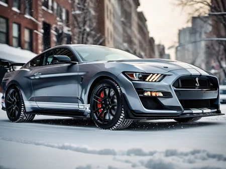 a closeup photo of mstgsgt500 car driving in the snow in the city, hdr, 8k, ultra high-res, movie picture frame<lora:mstgsgt500_car_t02_SDXL-000010:0.7>