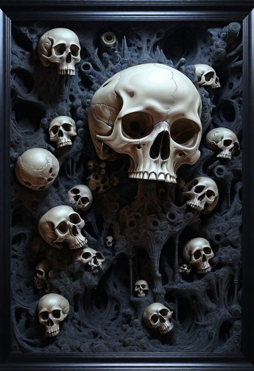 skulls, in the outta realms of your mind, abstract details, distinctive visuals, Intricate, (3D Framed, Skull)