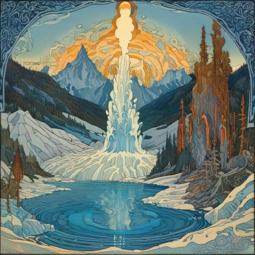 Ivan Bilibin Style - a magical Water geyser spurts from the ground with great force. A blue glow radiates from within. It's surrounded by an ice lake, with mountains in the background.