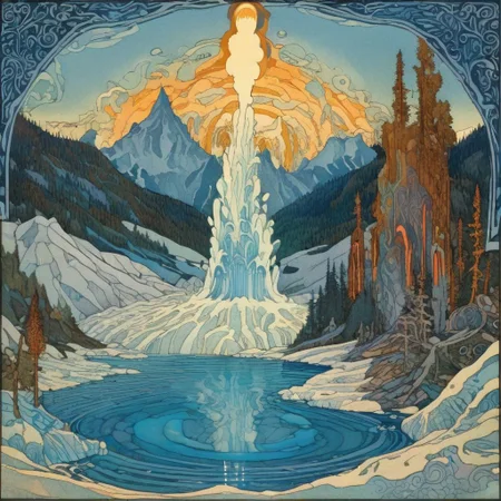 Ivan Bilibin Style - a magical Water geyser spurts from the ground with great force. A blue glow radiates from within. It's surrounded by an ice lake, with mountains in the background.