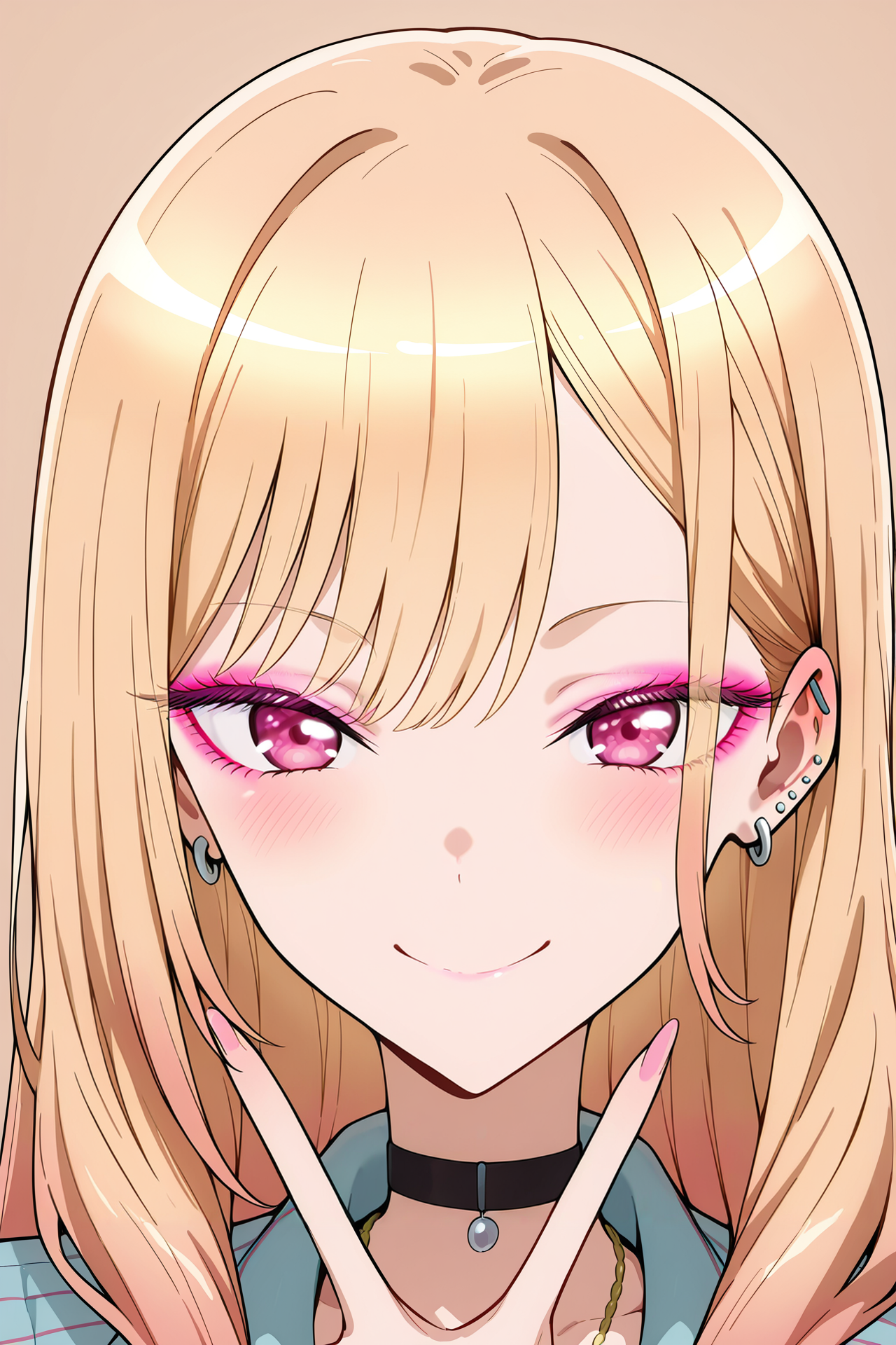 kitagawa marin, anime style, ultra detailed, high quality, far side low key light, high chroma, detailed earrings, ear bone piercing earrings, pierced ears, ear piercing, gradient hair, long eyelashes, pink eyeshadow, light brown background, closed mouth, looking at viewer, tsurime, black choker, eyelashe, stud earrings, red eyes, eyeliner, ear bone piercing earrings, long hair, blonde hair, blush, multicolored hair, choker, straight-on, v, makeup, portrait, pink hair, simple background, purple eyes, short hair, smile, jewelry, eyeshadow,Three anime characters. the character on the left is a young girl with long blonde hair and pink eyes, wearing a black choker necklace. she has a serious expression on her face and is looking directly at the viewer. in the middle is a younger girl with short brown hair and purple eyes. she is smiling and making a peace sign with her hand. the background is white and there are three smaller illustrations of the same character in the bottom right corner.masterpiece, best quality, very aesthetic, highres, incredibly absurdres 
<lora:hinaKitagawaMarin_wifu_v5-x215c7-70k:1>