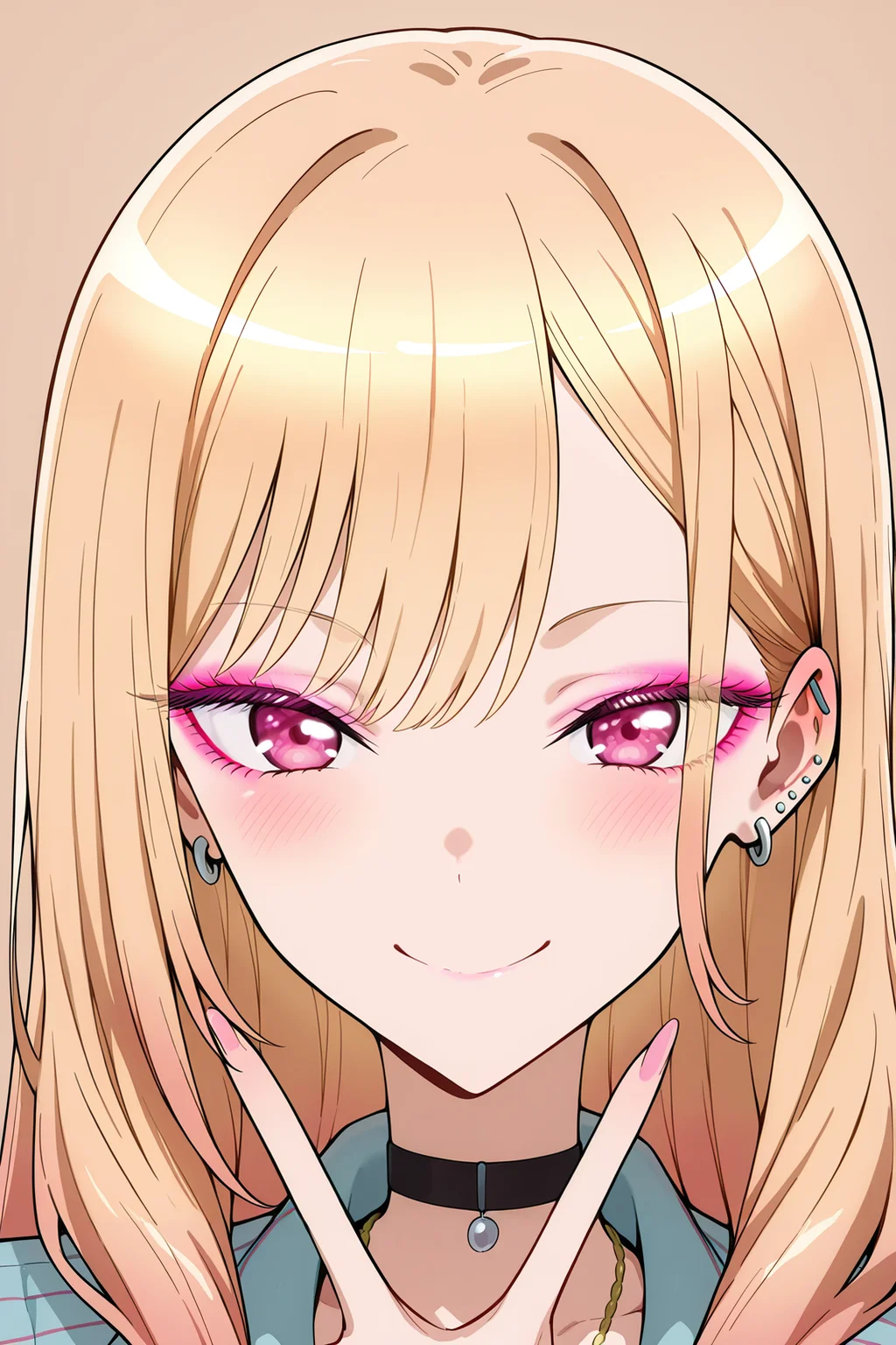 kitagawa marin, anime style, ultra detailed, high quality, far side low key light, high chroma, detailed earrings, ear bone piercing earrings, pierced ears, ear piercing, gradient hair, long eyelashes, pink eyeshadow, light brown background, closed mouth, looking at viewer, tsurime, black choker, eyelashe, stud earrings, red eyes, eyeliner, ear bone piercing earrings, long hair, blonde hair, blush, multicolored hair, choker, straight-on, v, makeup, portrait, pink hair, simple background, purple eyes, short hair, smile, jewelry, eyeshadow,Three anime characters. the character on the left is a young girl with long blonde hair and pink eyes, wearing a black choker necklace. she has a serious expression on her face and is looking directly at the viewer. in the middle is a younger girl with short brown hair and purple eyes. she is smiling and making a peace sign with her hand. the background is white and there are three smaller illustrations of the same character in the bottom right corner.masterpiece, best quality, very aesthetic, highres, incredibly absurdres
<lora:hinaKitagawaMarin_wifu_v5-x215c7-70k:1>