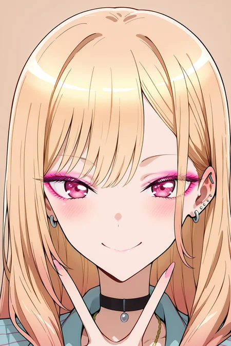 kitagawa marin, anime style, ultra detailed, high quality, far side low key light, high chroma, detailed earrings, ear bone piercing earrings, pierced ears, ear piercing, gradient hair, long eyelashes, pink eyeshadow, light brown background, closed mouth, looking at viewer, tsurime, black choker, eyelashe, stud earrings, red eyes, eyeliner, ear bone piercing earrings, long hair, blonde hair, blush, multicolored hair, choker, straight-on, v, makeup, portrait, pink hair, simple background, purple eyes, short hair, smile, jewelry, eyeshadow,Three anime characters. the character on the left is a young girl with long blonde hair and pink eyes, wearing a black choker necklace. she has a serious expression on her face and is looking directly at the viewer. in the middle is a younger girl with short brown hair and purple eyes. she is smiling and making a peace sign with her hand. the background is white and there are three smaller illustrations of the same character in the bottom right corner.masterpiece, best quality, very aesthetic, highres, incredibly absurdres
<lora:hinaKitagawaMarin_wifu_v5-x215c7-70k:1>