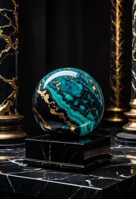 Fujifilm XT3, Sony A7 IV, (award winning photography) a (black: 0.89) marble hand made of opal (Kintsugi: 0.89) set on a pedestal in temple, glistening. in the background beautiful pillars, divine (iridescent: 0.79), opalescent textures, volumetric light, ethereal, sparkling, studio photo, highly detailed, sharp focus (highest quality: 1.39) (highest coherency: 1.39) (award winning photography), highly detailed photography, (muted colors, cinematic, dim colors, soothing tones:1.2), vibrant, insanely detailed, hyperdetailed, (dark shot:1.2), (vsco:0.3), (intricate details:0.9), (hdr, hyperdetailed:1.2) (vignette), sss, raw photo, fijifilm, kodak, cinematic film grain