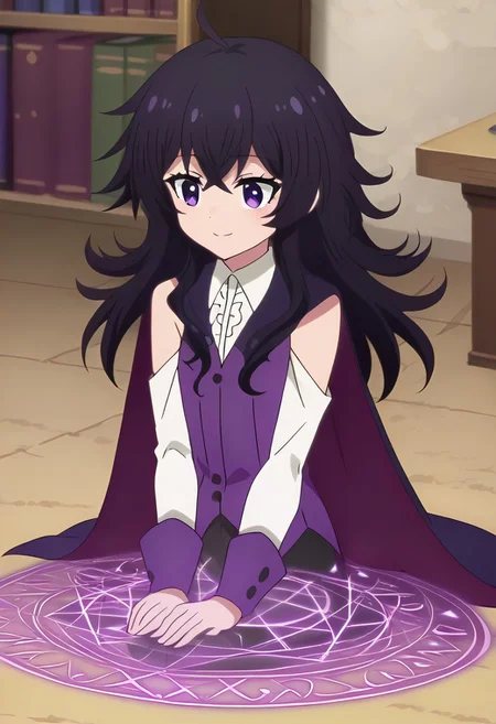 score_9, score_8_up, 1girl, belano, source_anime, anime screencap, anime coloring, 2d, Expressiveh, black hair with purple shading, frizzy hair, long hair, hair between eyes,, perfect shiny hair, purple eyes, ultra-detailed eyes, iridescent shiny eyes, perfect face, perfect ultra-slender proportions, flared hips, ultra-skinny body, perky ass, flat chest, small breasts, thin tighs, skindentation, tigh squish, white shirt, detached sleeves, witches hat, bow, cape, indoors, magic library, magic ritual, smiling, hopeful, (cute expression: 1.4), scattered books on floor (detailed magic circle on ground with glowing pattern:1.2), zPDXL2