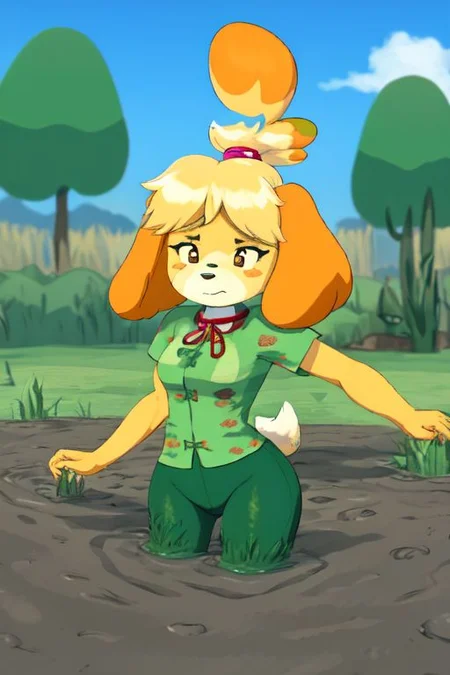 isabelle \(animal crossing\), (masterpiece, best quality:1.15), 1girl, solo, large breasts, high cheekbones, thick eyebrows, small mouth, looking to the side, leaning forward, adjusting clothes, tight leggings, crop top shirt, starry nights, long hair, twin short braids, scared, partially submerged, waist deep, struggling