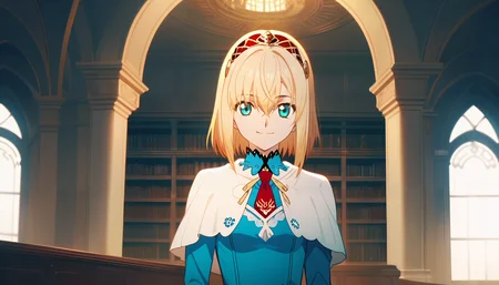 (score_9,score_8_up,score_7_up),
anime screencap, by ufotable,
fate \(series\), tales of \(series\), tales of zestiria,
solo, solo focus,
indoors, library
<lora:ufotable_lora_pony:1>
BREAK
upper body, 1girl, alice margatroid, solo, blonde hair, hair between eyes, red hairband, blue dress, frilled dress, long sleeves, closed mouth, bangs, white capelet, red necktie, light smile, looking at viewer,