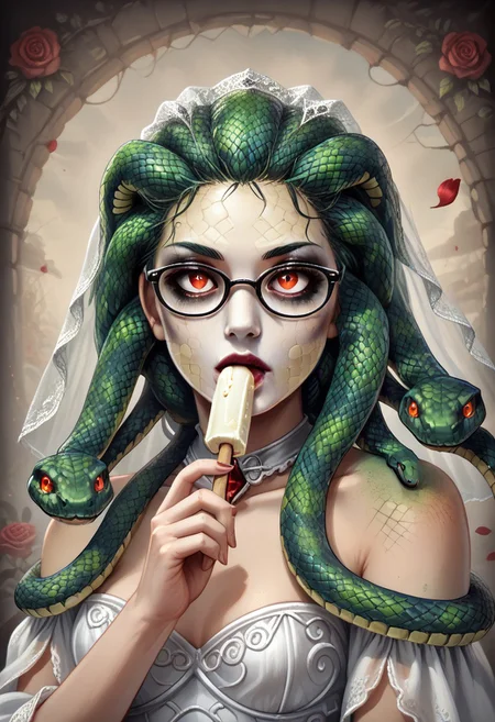 1girl, detailed face, emo makeup, snake hair, veil, black wedding dress, glasses, holding icecream popsicle, snake, snake on shoulders, upper body, rose, the contur of the petals glow eerily white, dim light, intricate details, horror theme, cementary, detailed background,
BL4CK3STBL4CK, black_theme, matte_color, flat color, diamondMW