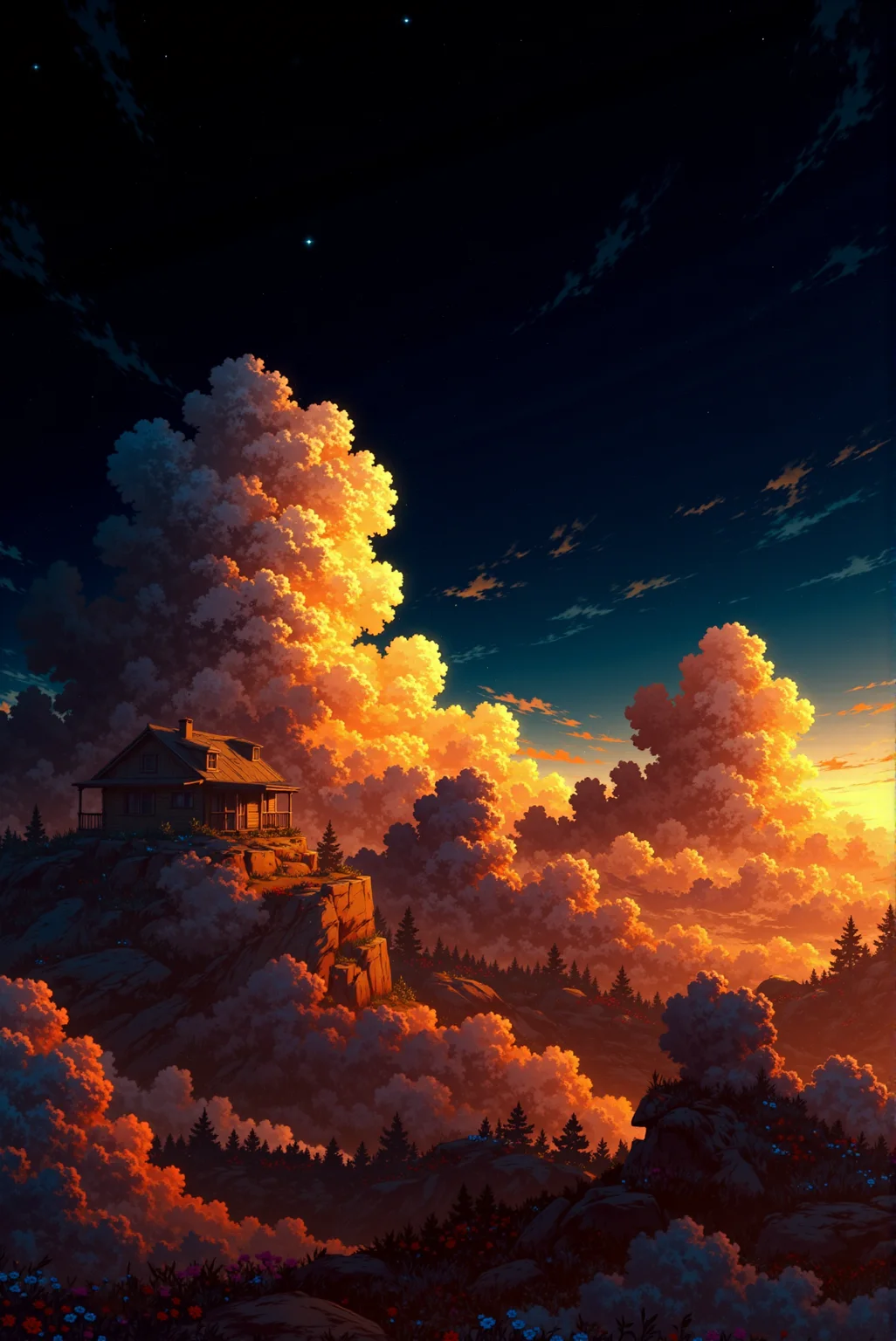 <lora:Anime_Sky:1.0> AnimeSky style. The image is a vibrant, detailed digital illustration in a style reminiscent of a highly detailed, colorful, and slightly stylized digital painting. The scene depicts a picturesque alpine landscape during sunset or sunrise, characterized by a rich, dynamic color palette. The sky is ablaze with hues of orange, pink, and purple, blending into a deeper blue, with fluffy, stylized clouds. In the foreground, a lush, verdant meadow filled with colorful wildflowers (including red, blue, and purple) stretches out. The foreground is speckled with large, irregularly shaped rocks. A rustic cabin, weathered and made of wooden planks, stands on the left side of the meadow. The cabin features a small porch and windows, hinting at a cozy, lived-in feel. The middle ground is dominated by a dense forest of dark green evergreen trees, creating a dense, lush canopy.