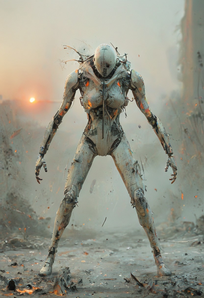 a combat cyborg, battle damaged, looking at the sunset over a faraway distopian city, colorful, muted rusted eroded paint, looking defeated,