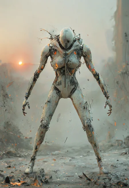a combat cyborg, battle damaged, looking at the sunset over a faraway distopian city, colorful, muted rusted eroded paint, looking defeated,