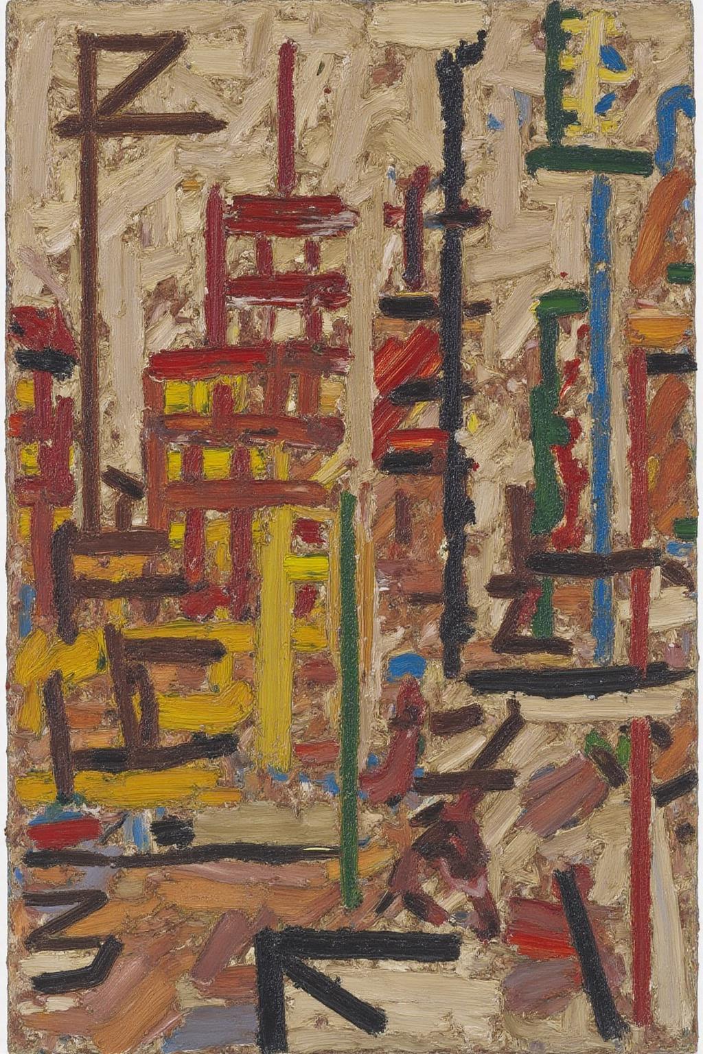 fraauer1 abstract painting of a city with building and roads, created using thick, textured strokes and a palette knife technique. The artwork features a chaotic, expressionistic composition with a multitude of vibrant colors. The background is a muted, earthy beige, possibly created with a mix of brown and beige paint. The foreground and midground are dominated by various shapes and forms painted in bold, contrasting colors. <lora:fraauer1_cap_d6a3:1.0><lora:811768391393311627:0>