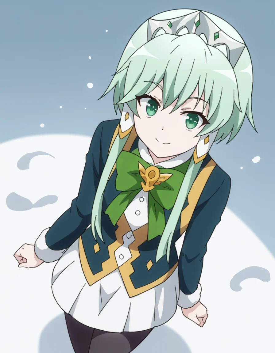 score_9, score_8_up, score_7_up, source_anime, <lora:lucia-rea-regulus-s2-ponyxl-lora-nochekaiser:1>, lucia rea regulus, long hair, green eyes, sidelocks, green hair, hair tubes, short hair with long locks,, skirt, long sleeves, dress, bow, pantyhose, bowtie, black pantyhose, green bow,, snow day, winter clothes, snowball fight, laughter, cold breath, white landscape, smile, from above,, looking at viewer, solo,, dutch angle, cowboy shot