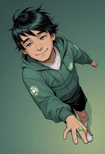 masterpiece, absurdres, high quality, perfect anatomy, 1boy, solo, cute boy, male focus, TaiPham, Black Hair, Green Lantern Ring, brown eyes, green jacket, hood, black shorts, big smile, cinematic, intricately detailed illustration, depth of field, masterpiece, best quality, amazing quality, very aesthetic, absurdres, newest, very awa,  shadow, dynamic angle, casual cosplay, dynamic pose, simple background, green theme