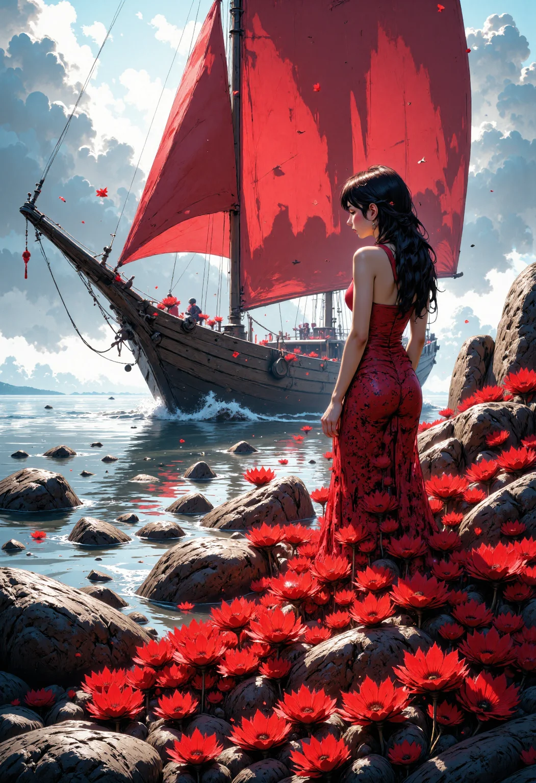 In this breathtakingly romantic image, a stunning young woman stands poised on the rocky shoreline, her slender figure silhouetted against the misty grey horizon. Her raven tresses cascade down her back like a waterfall of night, a striking contrast to the vibrant red dress that enfolds her. The gown, a resplendent explosion of crimson petals, cascades down the stone steps like a river of fire, each delicate flower petal intricately arranged to create a breathtaking spectacle. As she gazes out at the majestic sailing ship, its scarlet sails billowing in the breeze, a look of rapturous wonder crosses her face. The ship, its wooden hull weathered to a soft grey, seems to be sailing towards her, its sails a deep, fiery red that seems to pulse with an inner light. The atmosphere is one of ethereal romance, as if the very fabric of reality has been woven from the threads of love and desire. The camera angle is low and sweeping, capturing the drama of the scene from a low angle that makes the woman seem almost goddess-like. The lighting is soft and diffused, with a subtle mist that adds to the dreamy, otherworldly quality of the image. The style is reminiscent of a classic Hollywood romance, with a hint of surrealism that adds to the image's mystique.<lora:CustomFlux/MysticComic.safetensors:1.0:1.0>