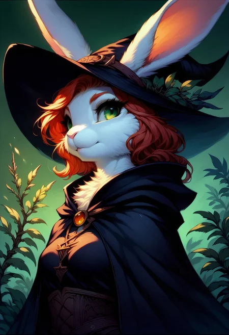 score_9, score_8_up, score_8,
rabbit girl,furry,redhead,green eyes,white rabbit ear,solo,add detailed eyes,clothing,witch,
rabbitfolk,
