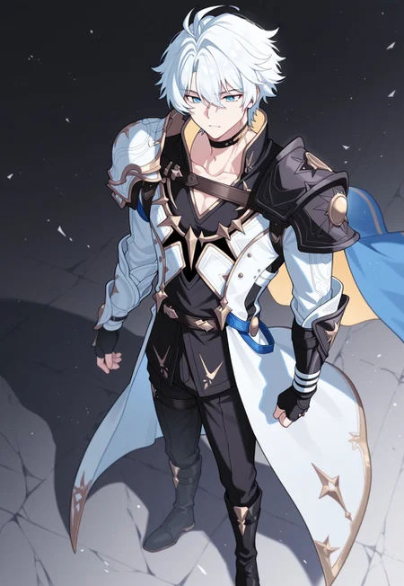 masterpiece,best quality,amazing quality, source_anime,
Phainonhsr, 1boy, male focus, solo, blue eyes, white hair, black choker, neck tatto, shoulder armor, shirt, black shirt, coat, white coat, cape, fingerless gloves, pants, black pants, boots, black footwear,
