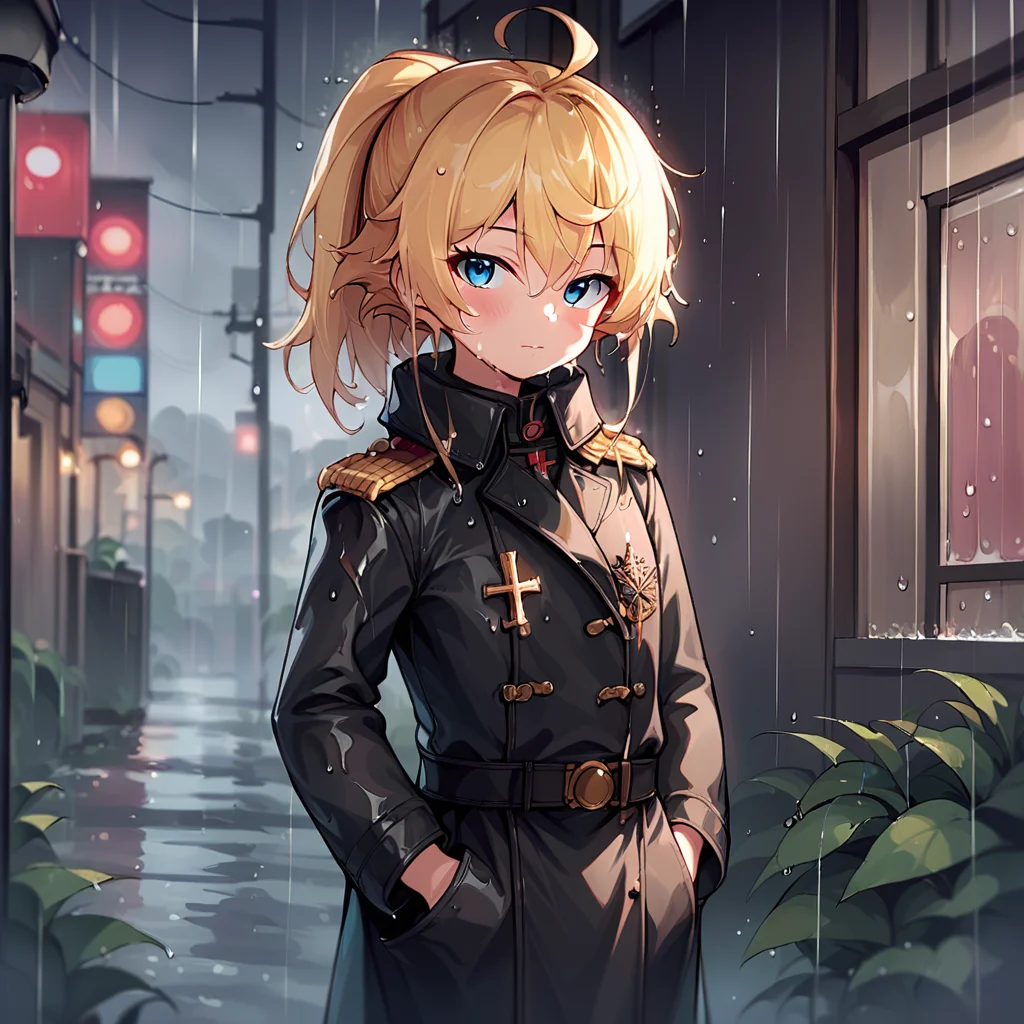score_9, score_8_up, score_7_up,
TanyaDegurechaff, dark tunic, 1girl, solo, long hair, looking at viewer, blush, bangs, blue eyes, blonde hair, long sleeves, hair between eyes, closed mouth, standing, ponytail, ahoge, sidelocks, cowboy shot, outdoors, belt, blurry, coat, wet, cross, rain, epaulettes, hand in pocket, black coat, hands in pockets, wet hair, score_9, source_anime
,<lora:TanyaPonyV2:0.8>