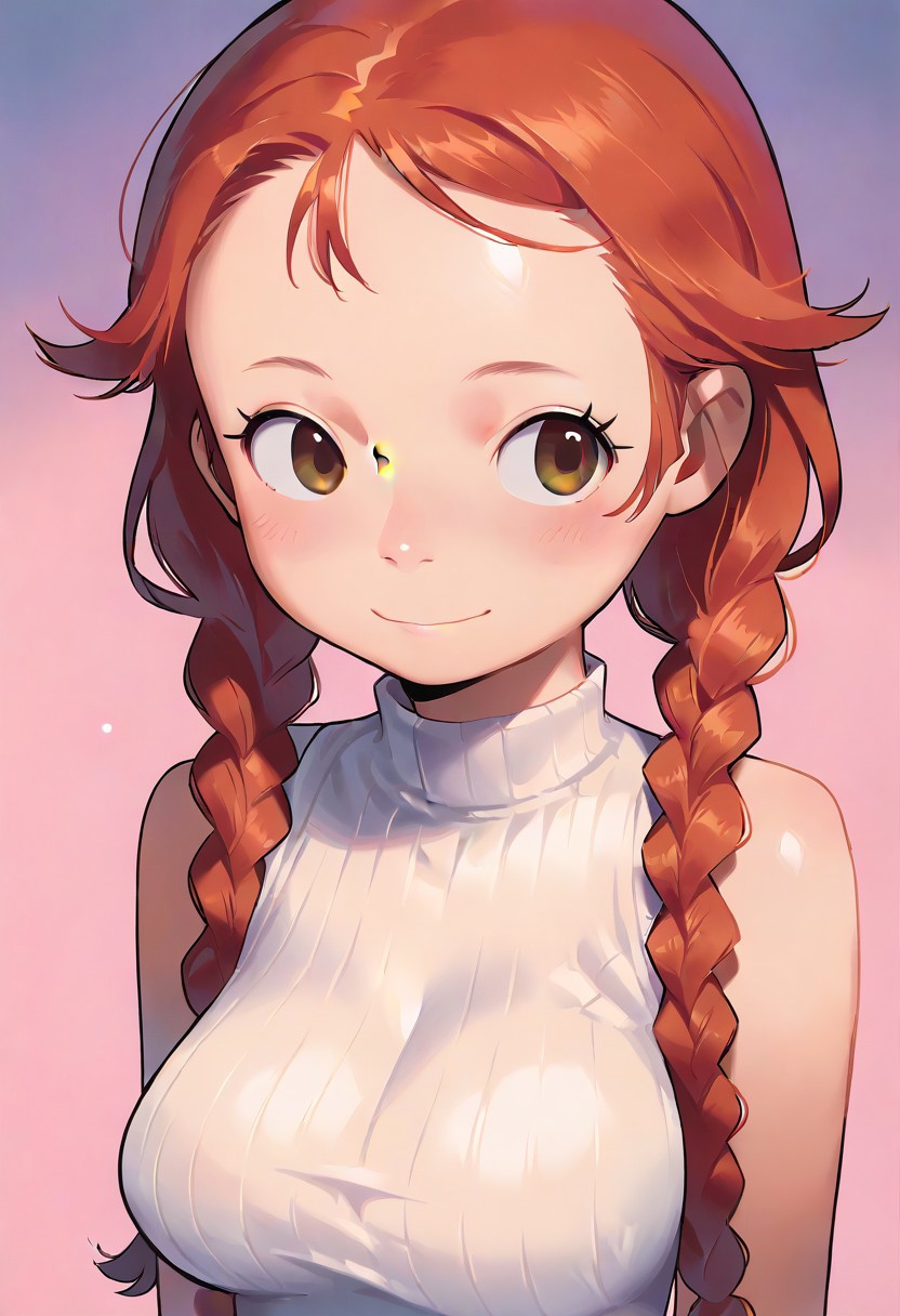 score_9,score_8_up,score_7_up,blurry,<lora:PetraStyle:1.8>,((masterpiece)),illustration,high detail, trending,kawaii,pale skin,red hair with braids, brown eyes,long eyelashes, blush,white sleeveless summer dress,smile,big breasts,cleavage,sexy