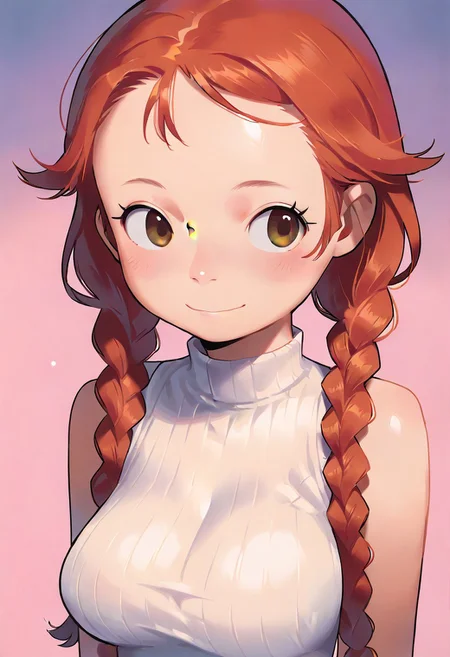 score_9,score_8_up,score_7_up,blurry,<lora:PetraStyle:1.8>,((masterpiece)),illustration,high detail, trending,kawaii,pale skin,red hair with braids, brown eyes,long eyelashes, blush,white sleeveless summer dress,smile,big breasts,cleavage,sexy