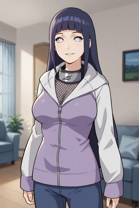 score_9, score_8_up, score_7_up, score_6_up, score_5_up, score_4_up, BREAK source_anime, 1girl, solo,
<lora:HinataShippudenXL-v1-07:0.7>, ChopioHinataBoruto, purple hair, shiny hair, blunt bangs, sidelocks, no pupils, white eyes, looking at viewer,
large breasts,
long hair, straight hair,
outfit_1, multicolored jacket, zipper, hooded jacket, hood down, forehead protector, fishnet top, long sleeves, sleeves past wrists, blue pants, bandages,
living room, standing, smile, parted lips, arms at sides,