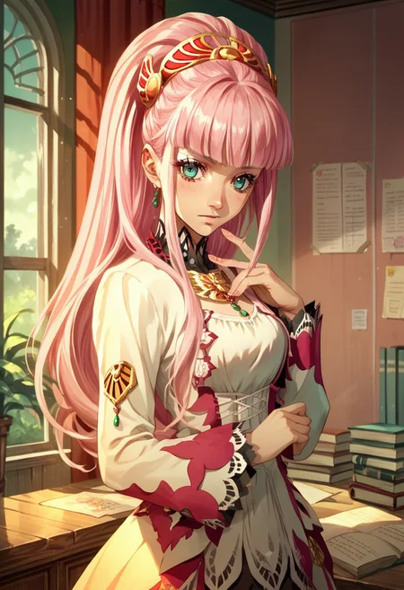 score_9, score_8_up, score_7_up, source_anime, 1girl, LAILAH (TALES OF ZESTIRIA), student unifrom, white long hair, pink hair, class room, age down