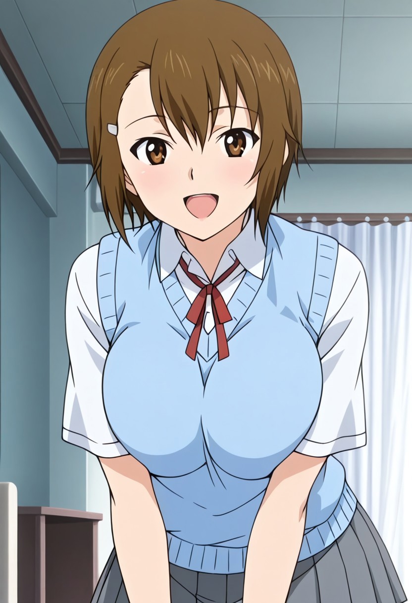 1girl, bedroom, happy, looking at viewer, BREAK, azumi souma joshikousei no koshitsuki anime style, hairclip, short hair, brown hair, brown eyes, large breasts, BREAK, azumi souma ep6 school outfit, blue sweater vest, dress shirt, collared shirt, white shirt, short sleeves, neck ribbon, red ribbon, pleated skirt, grey skirt,