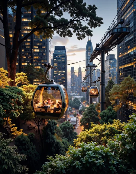 Futura. A futuristic cityscape with tall skyscrapers lit up at night, surrounded by dense greenery. a futuristic cable car is seen in the foreground, with passengers inside, and it is positioned in the middle of the image. the cable car has a sleek, metallic design with a black exterior, and the interior is filled with people. the cityscape is bathed in a soft, warm light from the setting sun, casting a golden glow on the surrounding greenery, creating a sense of depth and atmosphere. the high-rise buildings in the background are silhouetted against the night sky, with the city lights reflecting off the glass windows of the buildings, adding to the futuristic feel of the scene. the trees and plants surrounding the city are lush and vibrant, with a mix of green and yellow hues, adding a touch of vibrancy to the otherwise monochromatic scene. <lora:Futura-000005:1>