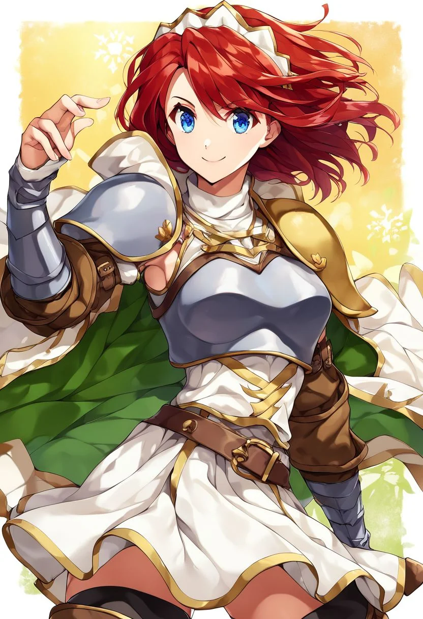 1girl, solo, red hair, red eyes, short hair, headdress, serious, bodysuit, skirt, collar, breast plate, single shoulder pad, elbow gloves, black thighhighs, boots, greaves, standing, outdoors, <lora:Cecily XL:1>, score_9, score_8_up, score_7_up, score_6_up, score_5_up, score_4_up, BREAK source_anime, masterpiece, (masterpiece:1.1), (best quality:1.1), 1girl, Real light and shadow, anime face, 4k, 8k, wallpaper,epic, detail texture, Red hair, (blue eyes:1.5), ((((Red hair:1.35, medium hair)))),intricate eyes,beautiful detailed eyes,symmetrical eyes,big eyes:1.5,detailed body,(detailed face)), cute, erotic,daring, (((medieval armor,adventurer armor,winter coat))),(((intricate outfit,intricate clothes, ushanka, embroidered outfit,ornate outfit,embroidered clothes,ornate armor))), (dynamic pose:1.0),happy,smile,(centered,scale to fit dimensions,Rule of thirds), highres,sharp focus,(ultra detailed,extremely detailed),(((vibrant colors,vibrant theme))),(intricate),(masterpiece),(best quality),ng_deepnegative_v1_75t, easynegative, OverallDetail