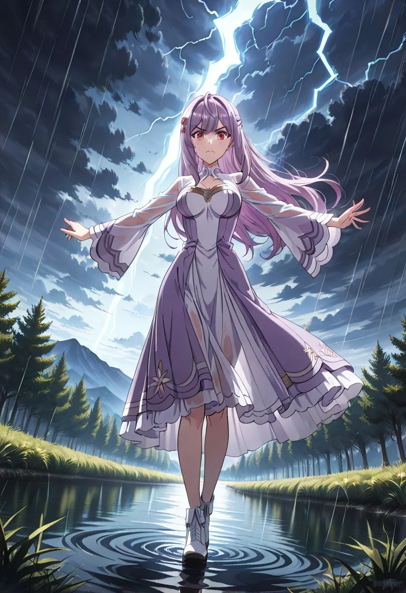 score_9, score_8_up, score_7_up, dynamic view, looking_at_viewer, 1girl,
masterpiece, best quality, bokeh, luminescent background,
( mia adenauer,,
purple hair, long hair, hair between eyes, bangs, hair ornameny, hair flower, red eyes, medium brests,
, dress, two-tone dress, purple dress, white dress, sidelocks, long sleeves, white shoes,, )
outdoors, storm, (rain:1.2), cloudy sky, dark clouds, lightning, wind, spread arms, outstretched arms, full body, dutch angle, cleavage, , scenery, mountainous horizon, wet clothes, wet, wet hair, looking at viewer, wet dress, see-through dress, v-shaped eyebrows, closed mouth