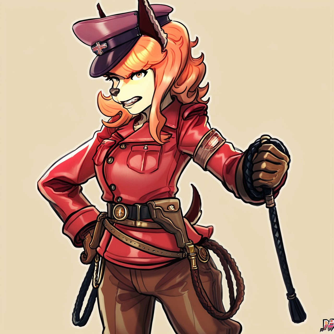 score_9,score_8,score_7,source_furry,
<solo:1.5>,
<1girl:1.5>,
flam_kish, dog girl, flam_fuga, red hair, 
official style, official art,
( art by ponpu (pumpkinsinclair) ) ,,
flam_kish_fuga, flam_kish, flam_fuga, dog girl, fanart, alternate style, 1girl, solo, gloves, hat, horns, breasts, holding, pants, looking at viewer, large breasts, simple background, orange hair, parted lips, brown gloves, brown pants, long sleeves, jacket, pocket, uniform, medium hair, belt, holding whip, short hair, breast pocket, military, cowboy shot, military uniform, teeth, shirt, red headwear,
 <lora:Flam_Kish_Fuga:1> flam_kish
