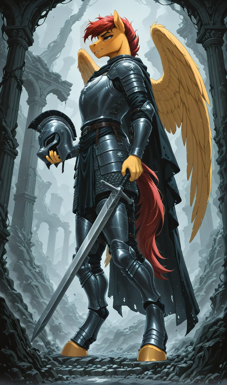 masterpiece, best quality, newest, absurd res, hi res, Jd-dfg style, (anthro:1.5), equid, equine, my little pony, friendship is magic, (solo:1.5),
pegasus, (male:1.5), wings, yellow skin, red hair, roman armor, roman legionary, lorica segmentata, (underarmor:1.5), black cloak, holding helmet in hand, holding sword, close view, standing, from below, from side, ruins in the background, ancient temple,
[mricantdraw|czubox|swaybat|kuroran|phenya|dripponi]
<lora:Fantasy with epic details - XL SDXL v1.0:0.7> <lora:Dark_Fantasy_Glow:1>
