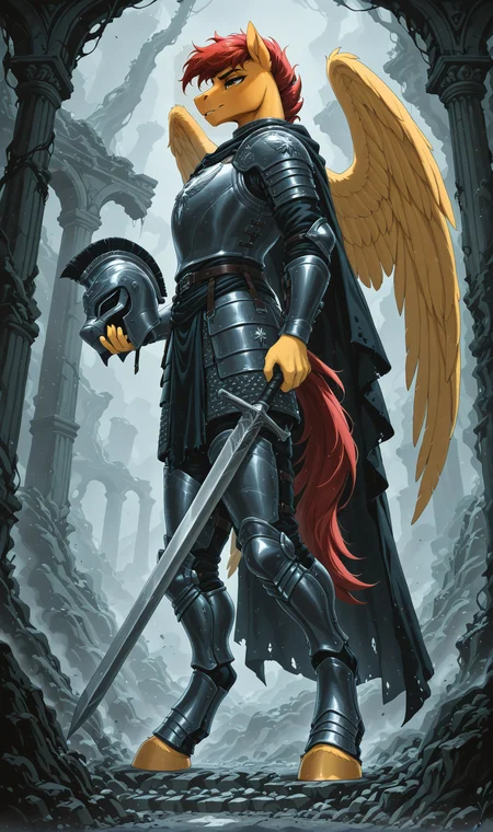 masterpiece, best quality, newest, absurd res, hi res, Jd-dfg style, (anthro:1.5), equid, equine, my little pony, friendship is magic, (solo:1.5),
pegasus, (male:1.5), wings, yellow skin, red hair, roman armor, roman legionary, lorica segmentata, (underarmor:1.5), black cloak, holding helmet in hand, holding sword, close view, standing, from below, from side, ruins in the background, ancient temple,
[mricantdraw|czubox|swaybat|kuroran|phenya|dripponi]
<lora:Fantasy with epic details - XL SDXL v1.0:0.7> <lora:Dark_Fantasy_Glow:1>