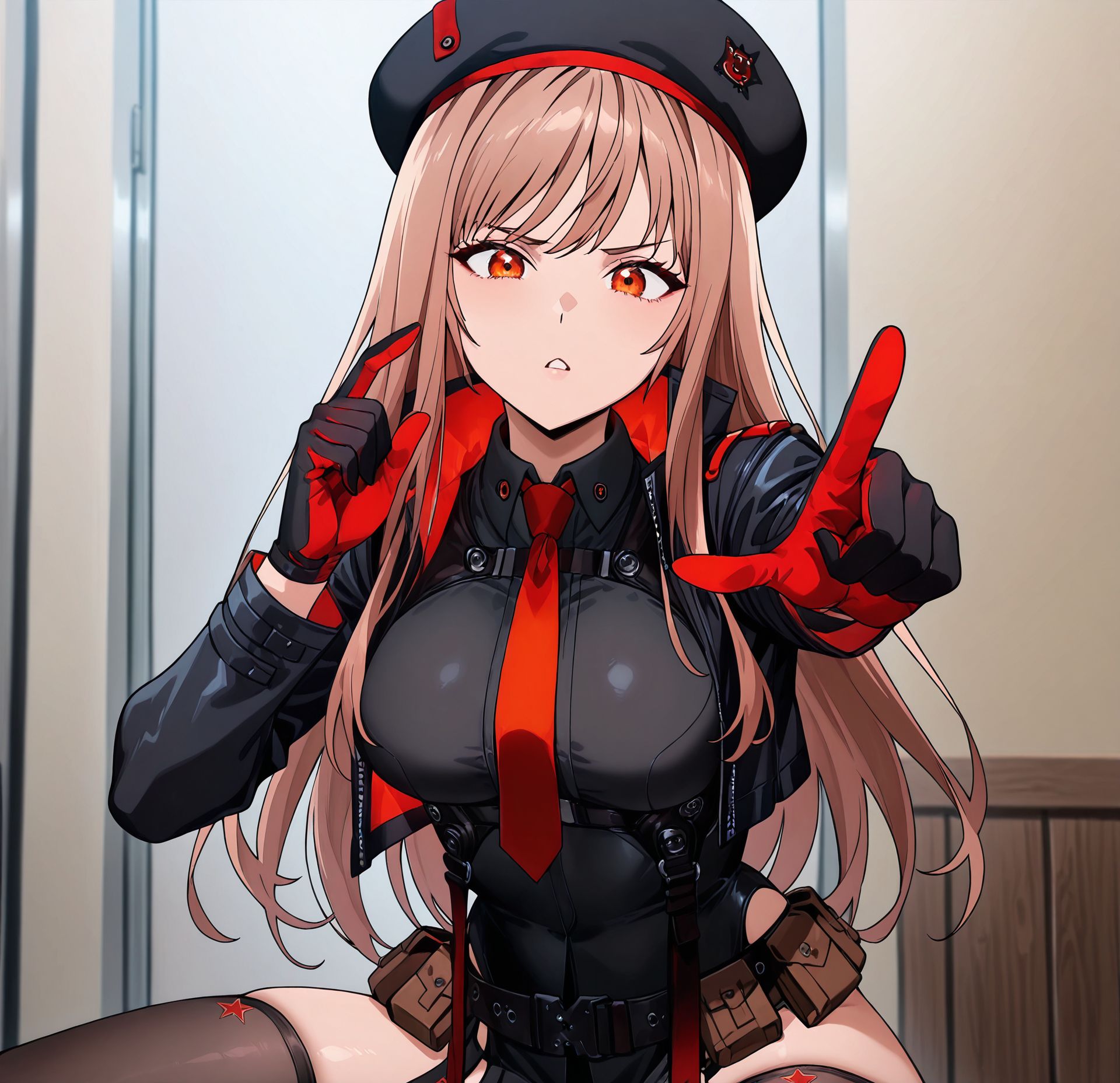 masterpiece, best quality, newest, absurdres, highres, detailed eyes, beautiful, detailed background, perfect eyes, anime coloring, anime screencap,
<lora:rapi_IL:1>
1girl,  rapink, contelys outfit, light brown hair, long hair, long sleeves, orange eyes, gloves, thighhighs, hat, large breasts, jacket, thighs, open clothes, necktie, belt, open jacket, rpely star print on thighhighs, leotard, beret, red necktie, black leotard, cropped jacket, red gloves, pouch, two-tone gloves,upper body, 
<lora:My_dad_got_the_MVP:1>My dad got the MVP,
Look for your own problems,
pointing with one finger,
1boy,male focus,
parody,solo,looking at viewer,
look for your own problems,
pointing with one finger,
