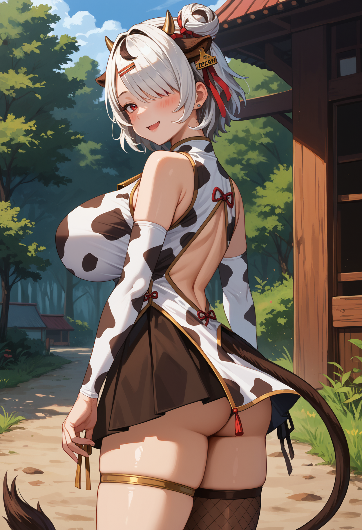 score_9,score_8_up,score_7_up,detailed,1girl,jelomrta,oiled body,huge breasts,single thighhigh,brown thighhighs,gold thighlet,outdoors,from side,butt cheeks,white hair,streaked hair,black hair,hair intakes,double bun,hair over one eye,short hair,hair ribbon,hairclip,red eyes,mole under eye,cow horns,cow ears,ear tag,china dress,short dress,cow print,detached sleeves,pelvic curtain,pleated skirt,black skirt,side-tie peek,cow tail,looking back,seductive smile,blush,<lora:Marota-JeloXL-000007:1>,