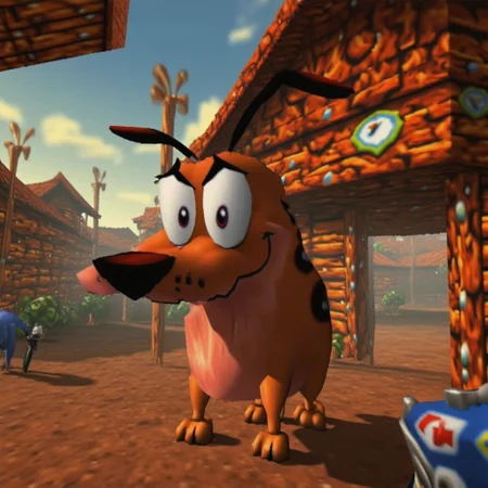 courage the cowardly dog outside. flat lighting, low resolution, crt scanlines, low poly
