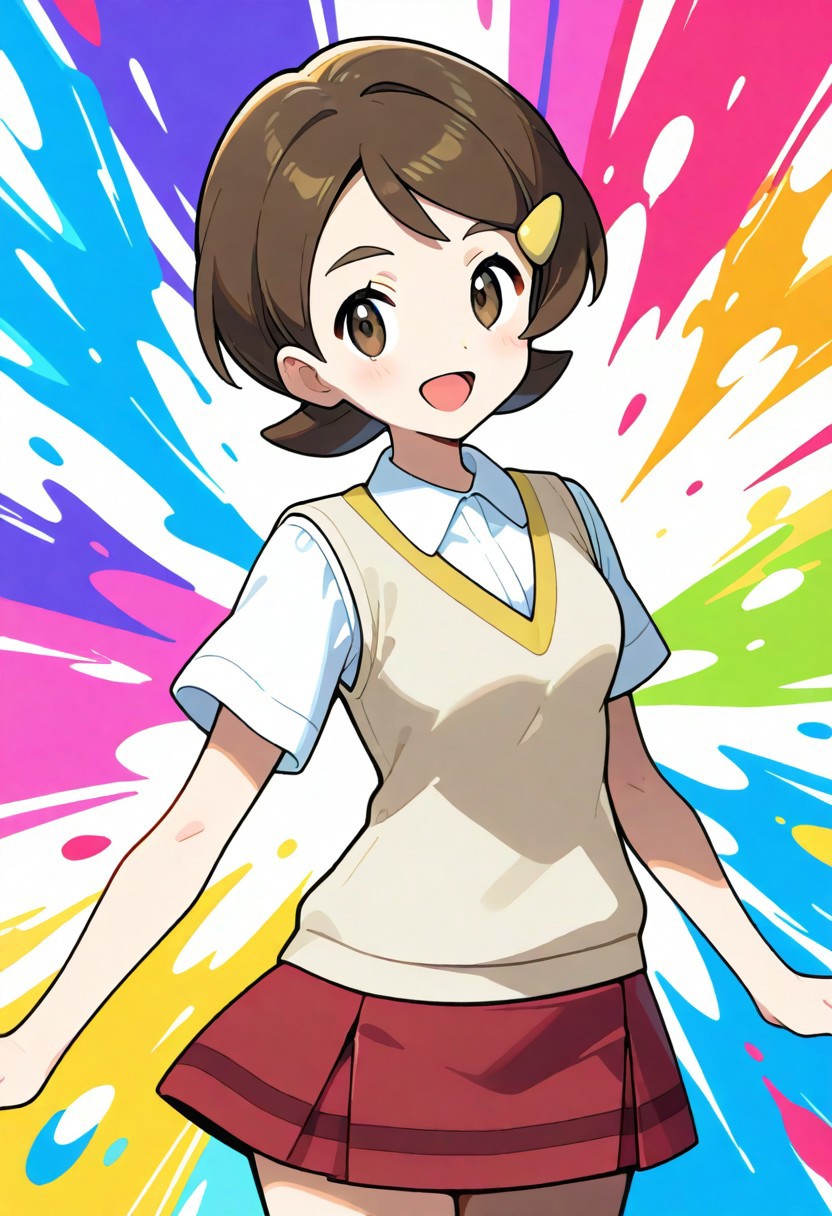 2d, masterpiece, best quality, amazing quality, highres, absurdres, newest, standing, smile, open mouth, cowboy shot, upper body, colorful background, multicolored background, color splashes, teammates \(pokemon\), collared shirt, short sleeves, beige sweater vest, red skirt, miniskirt, 1girl. solo, kohai, short hair, brown hair, brown eyes, hairclip, yellow neck