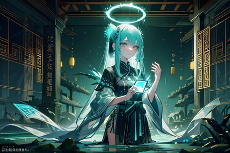 highly insanely detailed, masterpiece, top quality, best quality, highres, 4k, 8k, RAW photo, (very aesthetic, beautiful and aesthetic),
(code_style,codestyle),traditional chinese text,japanese text,
<lora:CodeStyle (half generic class)_564920:0.8>,
(1girl:1.3), 1other,
(ancient ruins) , bioluminescent glow , bioluminescent plants,âââ