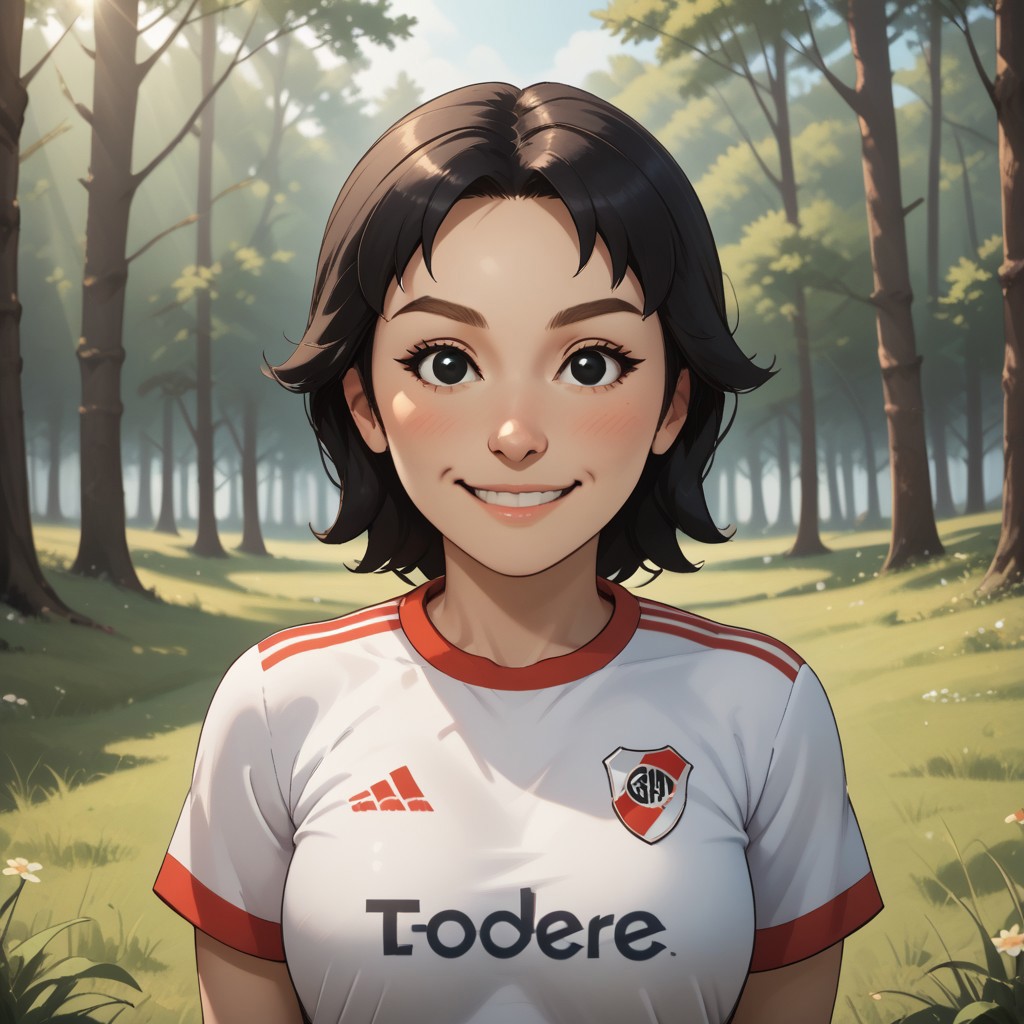 score_9, score_8, BREAK, solo, wii, mii, white skin, black hair, black eyes, dot eyes, brown eyebrows, small nose, blush, smile, RiverPlate, striped shirt, striped, shirt, white shirt, short sleeves, clothes writing, sportswear, soccer uniform, breasts, 1girl, female mii, wii sports, cute, Rin_(\Wii_Sports\), Nintendo Mii, modern_mii, classic_mii, adult female, mature female, sexy pose, self portrait, smile, outdoors, sunlight, shadows, evening lighting, natural lighting, forest, trees, grass, orange sky, sunset