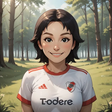 score_9, score_8, BREAK, solo, wii, mii, white skin, black hair, black eyes, dot eyes, brown eyebrows, small nose, blush, smile, RiverPlate, striped shirt, striped, shirt, white shirt, short sleeves, clothes writing, sportswear, soccer uniform, breasts, 1girl, female mii, wii sports, cute, Rin_(\Wii_Sports\), Nintendo Mii, modern_mii, classic_mii, adult female, mature female, sexy pose, self portrait, smile, outdoors, sunlight, shadows, evening lighting, natural lighting, forest, trees, grass, orange sky, sunset