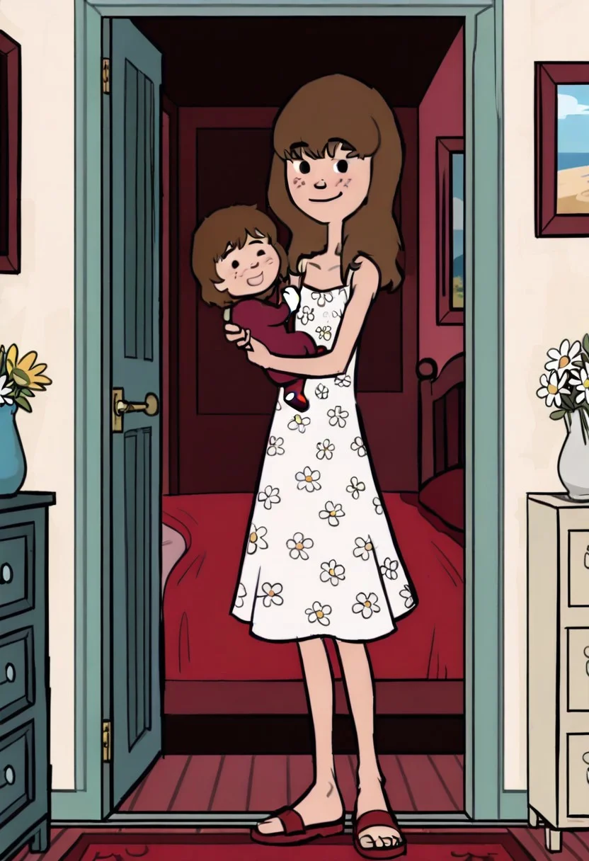 masterpiece, best quality, absurdes, 1girl, solo, solo, full body, barefoot, standing,
<lora:Jennifer - Instant Karma (Storybooth) (Illust):0.8>
Jennifer_InstantKarma_Storybooth, freckles, brown hair, long hair, bangs, dot eyes, flirtatious, skinny, tall, lanky, Smile, coy,
White summer dress, Daisy flowers printed dress, Red sandals, holding baby, baby,
looking at viewer, bedroom background,
indoors, detailed background,
<lora:Detailer_NoobAI_Incrs_v1:0.4> detailed,