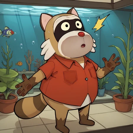 score_9, score_8_up, aquarium, <lora:rascal-v2-16:1> rdrascal, raccoon, ((gnome)), plump: 0.5, 1boy, solo, red shirt, looking up, nude, hand on glass, surprised,