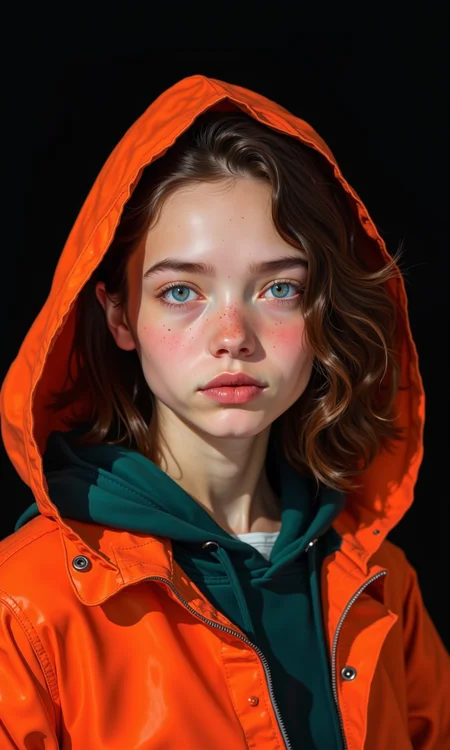 Close-up portrait of a young woman.
The woman is centrally positioned, and her face and upper torso are visible. She has shoulder-length, dark brown, wavy hair. A vibrant, orange-red raincoat or hooded jacket is draped over her head and shoulders.  The jacket is detailed with visible seams and folds of the fabric. The woman's facial features are well-defined. 
Her eyes are a light, almost icy blue, and her gaze is directed slightly towards the viewer.  Her eyebrows are well-shaped, and her lips are a soft, pinkish-red hue. Her nose is delicate, and her cheekbones are high. Her expression is serene and slightly serious.
Her skin appears smooth and with a subtle light reflecting on it. The woman wears a dark teal or forest green hooded jacket. 
The background is entirely black, drawing all attention to the subject, making her the central focus. The lighting is focused on her face, highlighting her features. The depth of field is shallow, concentrating the focus on her face.
<lora:FLUX-daubrez-DB4RZ-v2:1> DB4RZ, DB4RZ style painting