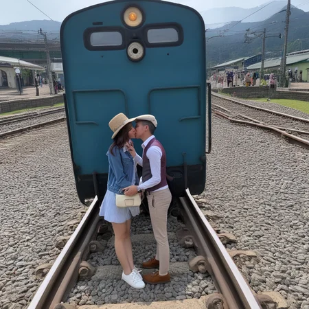 romkiss, shirt, kissing cheek, window, glass, fruit, train tracks, short hair, shoes, field, 1girl, motor vehicle, white headwear, bag, hat, denim, jacket, flower, cafe