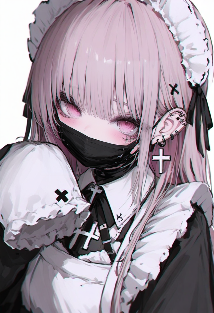 1girl, solo, cross earrings, cross, jewelry, earrings, long hair, blush, ear piercing, bangs, sleeves past wrists, mask, piercing, maid, maid headdress, looking at viewer, upper body, sleeves past fingers, mouth mask, long sleeves, pink eyes, frills, apron, latin cross <lora:748cmXL_il_lokr_V5311P:0.95>