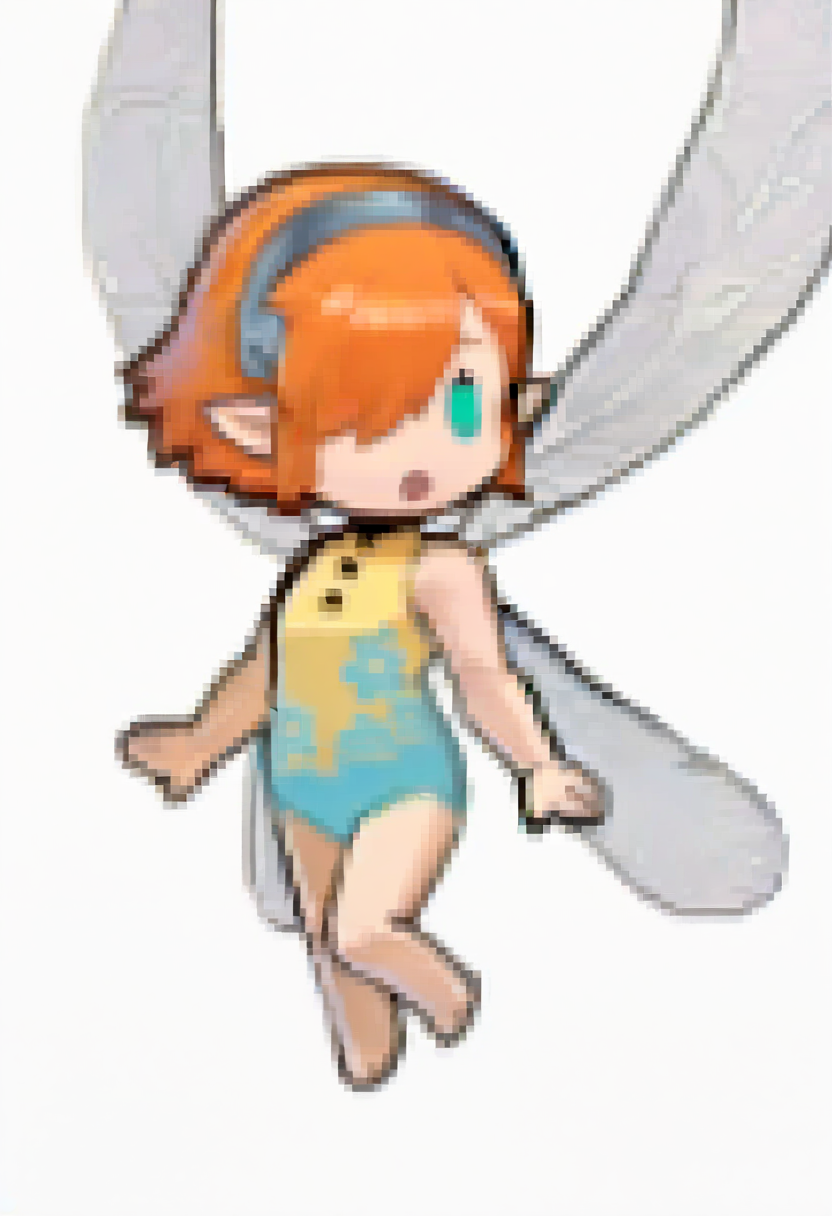 masterpiece, best quality, 1girl, :o,  <lora:Feh-Sprites-illus_Fp:1> simple background, chibi, full body, <lora:GallicaMR-illu:1> dfGall, orange hair, short hair, hair over one eye, aqua eyes, pointy ears, grey hairband, two-tone leotard, yellow leotard, blue leotard, floral print, buttons, sleeveless, fairy wings, barefoot