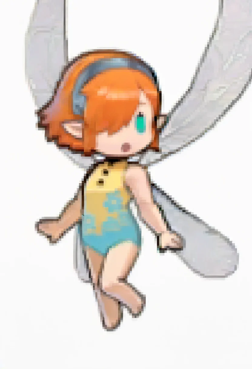 masterpiece, best quality, 1girl, :o, <lora:Feh-Sprites-illus_Fp:1> simple background, chibi, full body, <lora:GallicaMR-illu:1> dfGall, orange hair, short hair, hair over one eye, aqua eyes, pointy ears, grey hairband, two-tone leotard, yellow leotard, blue leotard, floral print, buttons, sleeveless, fairy wings, barefoot