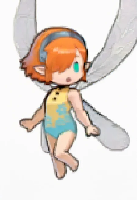 masterpiece, best quality, 1girl, :o,  <lora:Feh-Sprites-illus_Fp:1> simple background, chibi, full body, <lora:GallicaMR-illu:1> dfGall, orange hair, short hair, hair over one eye, aqua eyes, pointy ears, grey hairband, two-tone leotard, yellow leotard, blue leotard, floral print, buttons, sleeveless, fairy wings, barefoot